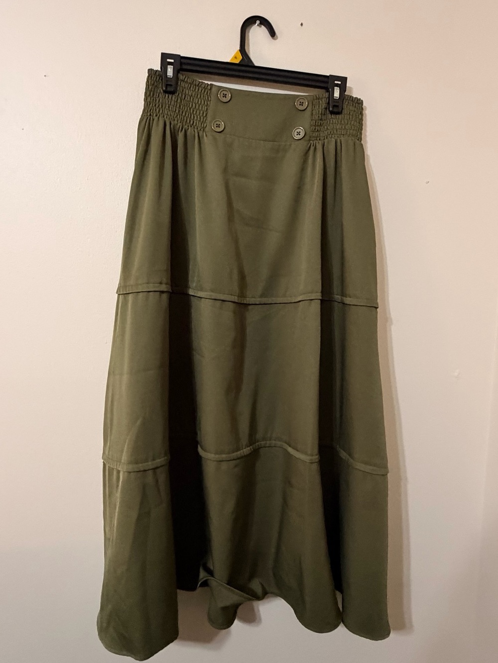 bolle Olive Green Tiered Maxi Skirt with Button Detail